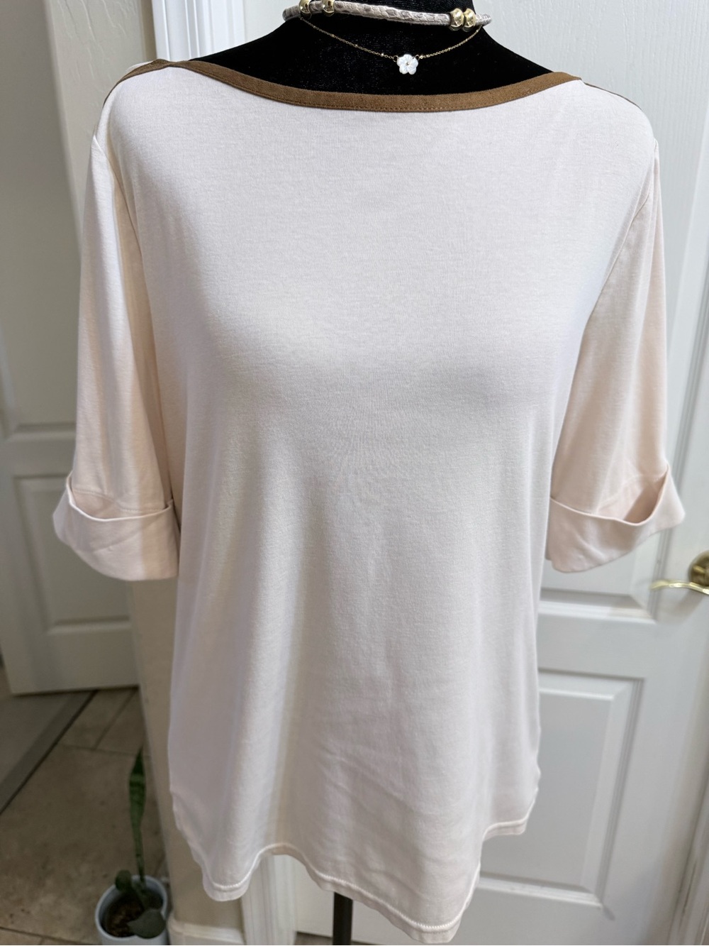 Polo by Ralph Lauren Cream Knit with Faux Suede Brown Trim Size XL